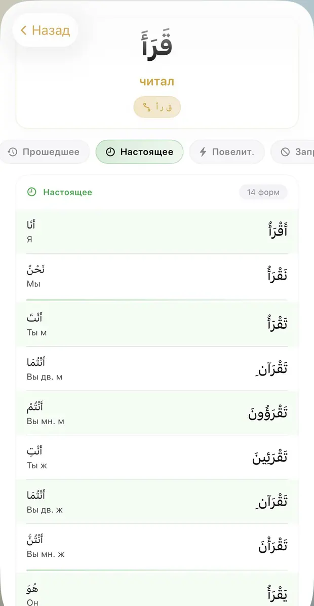 Спряжение глагола قرأ в настоящем времени, 14 форм