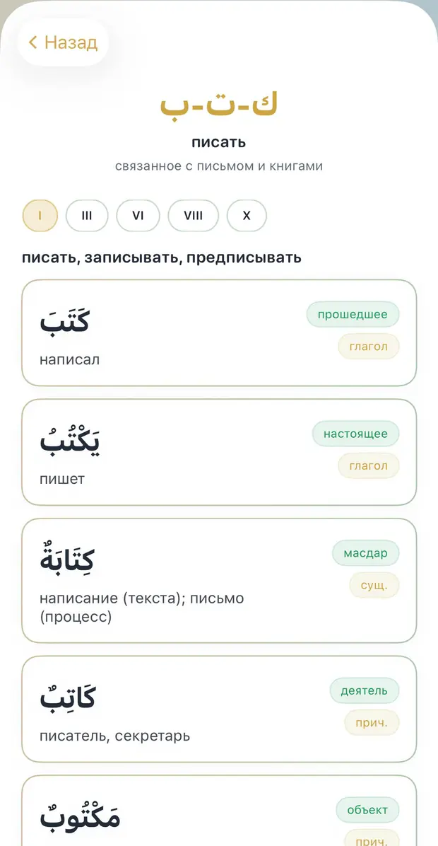 Семья слов: корень ك-ت-ب и производные — глагол, масдар, деятель, объект